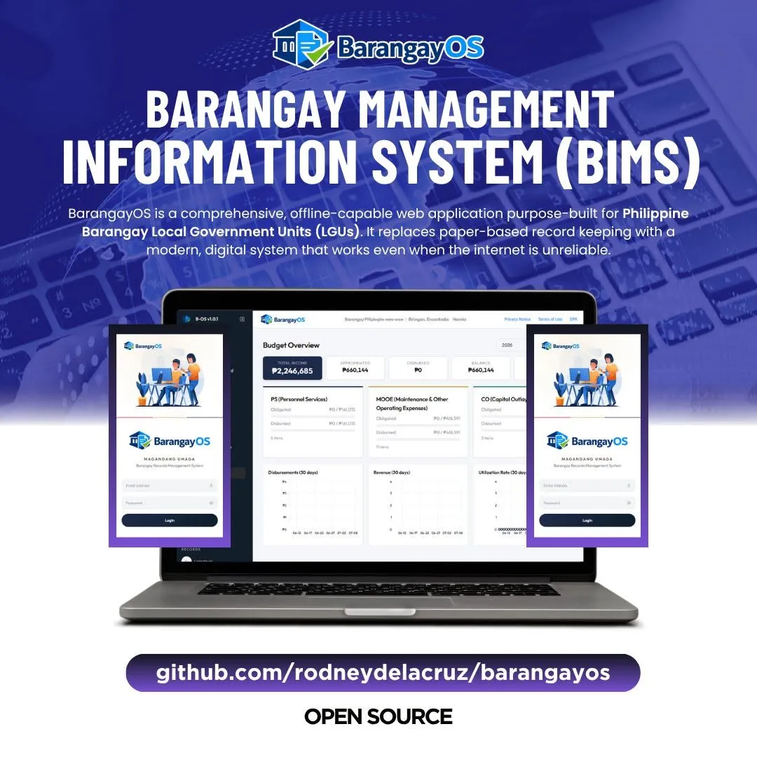 BarangayOS dashboard for a Philippine barangay record-keeping system.