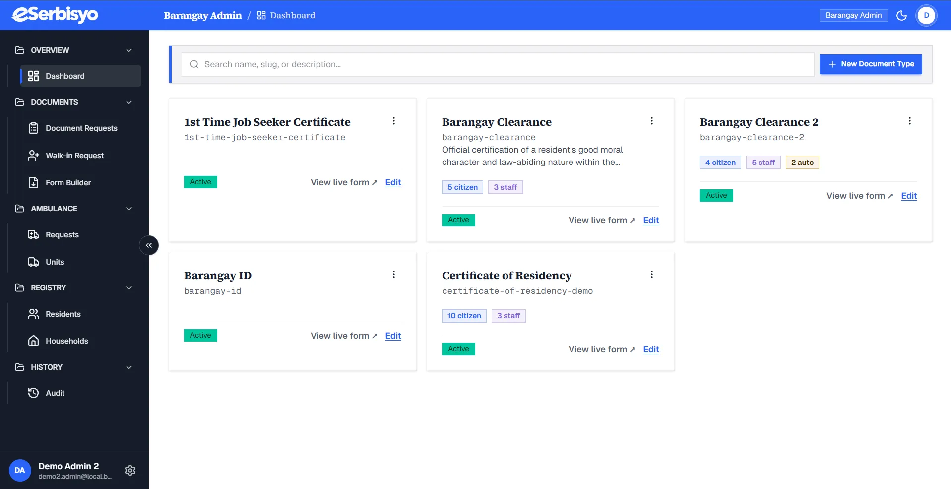 eSerbisyo form builder mapping custom fields onto DOCX document templates.