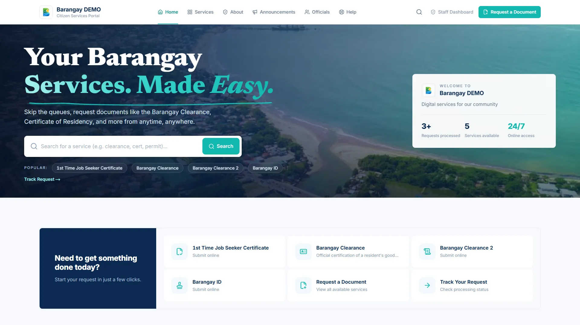 eSerbisyo public portal where residents request and track documents without an account.