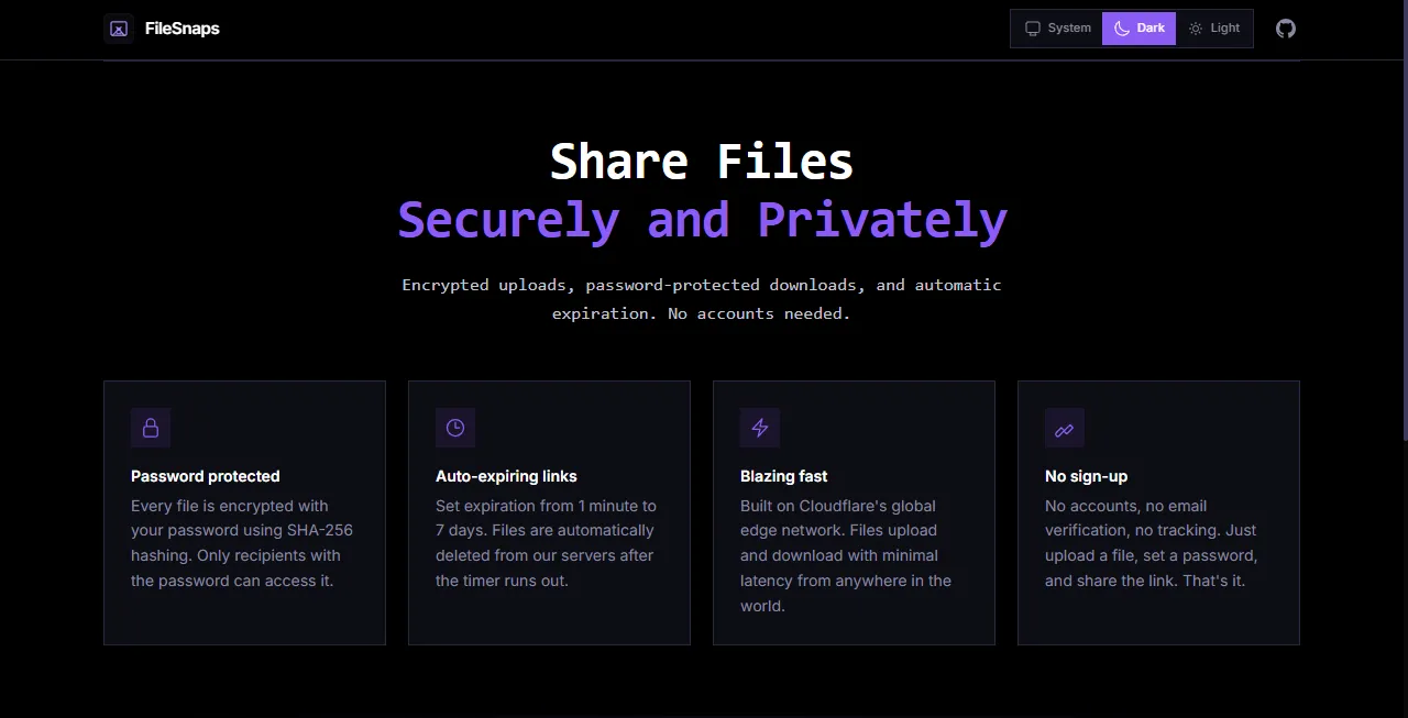 FileSnaps interface for uploading a file with a set expiry time.